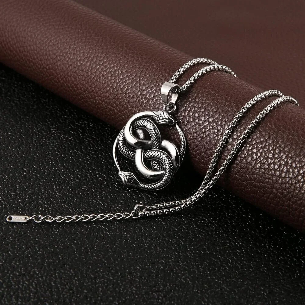 Mens End to End Silver Snake Gothic Stainless Steel Snake Pendant Jewelry Chain